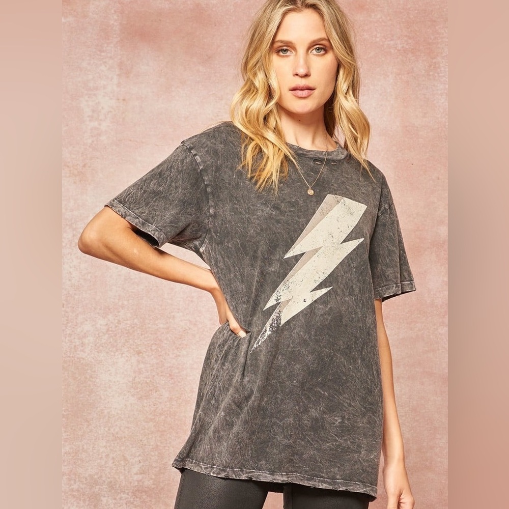 CHARCOAL LIGHTNING BOLT GRAPHIC MINERAL WASHED TEE SHIRT TUNIC - Picture 5 of 5